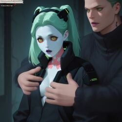 1boy 1girls ai_generated bouncing_breasts breasts cyberpunk:_edgerunners cyberpunk_2077 dailylewd female flashing_breasts highres male patreon patreon_username perky_breasts rebecca_(edgerunners) ripped_clothing self_upload studio_trigger undressed_by_others undressing_another video