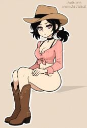 ai_generated ashley_graves black_hair cowboy_boots cowboy_hat female purple purple_eyes tagme