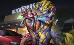 2_horns 5_fingers animal_genitalia animal_penis anthro ass balls big_dom_small_sub blue_body blue_eyes blush canid canine canine_genitalia canine_penis car choker codyblue-731 coffee_cup coffee_shop container cup dominant double_penetration ear_piercing fingers fox fur genitals group hair harness hi_res horn hybrid jewelry kira_kathell knot knotted_penis male male/male male_penetrated male_penetrating mammal mane nardoragon necklace night nude open_mouth orange_body pawpads paws penetration penis piercing pink_hair psychofuchs sex size_difference smile smirk striped_body stripes trio vehicle vein veiny_penis white_balls yellow_eyes