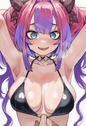 1boy 1girls @_@ ai_generated armpits arms_above_head black_bra blue_eyes blush bra_pull breasts female hololive hololive_dev_is hololive_flow_glow kikirara_vivi large_breasts male oerba_yun_fang pink_hair purple_hair sweat virtual_youtuber