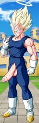 1boy 2024 balls blonde_hair blue_eyes dragon_ball edit erection foreskin geekwithepower male male_only muscular penis solo uncensored vegeta