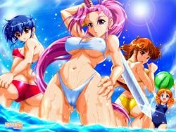 4girls ass bikini blue_eyes blue_hair breasts brown_eyes brown_hair butt_crack cameltoe covered_erect_nipples day dha food fruit hawlean_province highleg highleg_bikini highres julia_lindum kichikuou_rance large_breasts leila_grecny long_hair medium_breasts menad_shisei menad_sisei multiple_girls one-piece_swimsuit orange_hair pink_hair ponytail purple_eyes rance_(series) red_eyes school_swimsuit short_hair small_breasts swimsuit sword underboob watermelon weapon wet wide_hips