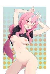 1girls animanghayodraw areolae blush breasts female_focus female_only gradient_background hands_above_head horns medium_breasts nipples one_eye_closed oni oni_female oni_horns open_mouth pink_eyes pink_hair polka_dot_background pussy shirt shirt_lift shirt_only shuna_(tensei_shitara_slime_datta_ken) solo solo_female tensei_shitara_slime_datta_ken that_time_i_got_reincarnated_as_a_slime tied_hair