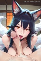 1boy after_ejaculation after_fellatio ahri ai_generated animal_ear_fluff animal_ears cum cum_on_penis dark_blue_hair facial female fox_ears fox_girl indoors league_of_legends long_hair looking_at_viewer mugenshi orange_eyes patreon_username penis pov pov_crotch reward_available self_upload smile solo_focus straight tail tongue_out upper_body whisker_markings white_tail