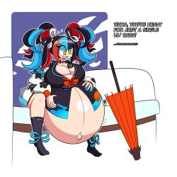 1girls belly_overhang breasts dialogue english_text essayafterdark fate/grand_order fate_(series) female female_only gigantic_belly gigantic_breasts hyper_pregnancy light-skinned_female nervous nervous_smile pregnant sei_shounagon_(fate) sequence solo text thick_thighs wide_hips