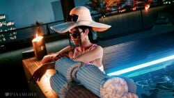 3d bra cd_projekt_red cyberpunk cyberpunk_2077 female game_screenshot hat in_pool no_source panam_palmer panamlove panties pool screenshot screenshot_edit seductive seductive_smile sexy sexy_body water