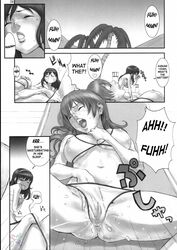 bikini breasts cleavage comic dead_or_alive dead_or_alive_xtreme_beach_volleyball doujin doujinshi english_text female hard_translated highres hitomi_(doa) human human_only kasumi_(doa) large_breasts masturbating_under_clothes masturbation monochrome nekoi_mie page_9 pussy_juice swimsuit translated