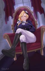 1girl absurdres artist_name ascot azur_lane black_boots blonde_hair blue_eyes blue_hat blue_jacket boots breasts chains commission crossed_legs curtains earrings english_commentary female flower frilled_ascot frills full_body gasart gloves hat hat_flower highres holding holding_riding_crop hood_(azur_lane) hood_(gentlewoman_and_stallion)_(azur_lane) jacket jewelry knee_boots large_breasts long_hair long_sleeves looking_at_viewer official_alternate_costume pants pants_tucked_in riding_boots riding_crop riding_outfit royal_navy_emblem_(azur_lane) sitting smirk solo tilted_headwear torn_curtains watermark white_gloves white_pants window
