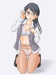 bottomless bra brown_eyes cum cum_on_hair facial glasses lielos lielos'_office_lady lingerie long_hair navel no_pants open_clothes open_shirt original panties panties_under_pantyhose pantyhose shirt straight_hair underwear