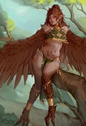 1girls armpits artist_name bare_shoulders bird_legs breasts brown_eyes brown_feathers brown_hair brown_wings cleavage cleavage_cutout clothing_cutout commission dark-skinned_female dark_skin ear_chain earrings feathers female female female_only hair_between_eyes hair_bun harpy highres jewelry linked_piercing lips long_hair looking_at_viewer medium_breasts monster_girl navel original outdoors parted_lips pelvic_curtain piercing pointy_ears pubic_tattoo revealing_clothes sitting_on_branch sleepingsol smile solo stomach talons tan tattoo thighs tree underboob winged_arms wings