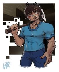 1male 1man aged_up background_pattern focus_on_human gay gay_male male muscular muscular_male no_visible_genitalia steve_(minecraft) wirelixe