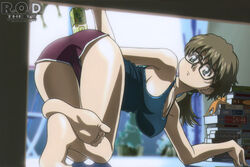 1girls armpits ass bare_shoulders barefoot book bottle breasts brown_hair cameltoe cleavage clothing feet female frog from_behind glasses green_eyes halter halterneck ishihama_masashi large_breasts looking_back nenene_sumiregawa no_bra official_art ponytail r.o.d_the_tv read_or_die short_shorts shorts sideboob soles solo stuffed_animal stuffed_toy swimsuit tank_top tied_hair