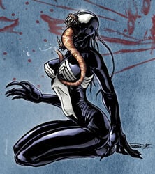 1girls breasts cleavage color female female_only kneeling large_breasts long_tongue marvel marvel_comics sharp_teeth she-venom side_view skin_tight smooth_skin solo spider-man_(series) symbiote tongue tongue_out venom venom_(marvel)