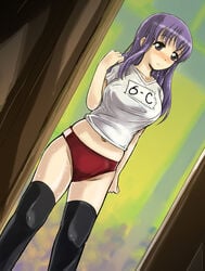 blush buruma demag fate/stay_night fate_(series) gym_uniform matou_sakura navel solo thighhighs