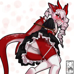 anthro anus ass dragon dragoness female french_maid furry horn linhthasack looking_at_viewer looking_back maid maid_uniform pussy red_eyes skimpy solo tail upskirt wings