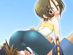 1boy 1girls bike_shorts blush bulge bulge_fondling bulge_grab bulge_through_clothing cameltoe erection eyeshield_21 facesitting female flat_chest human inline_skates kobayakawa_sena male penis roller_skates sitting sitting_on_person skates taki_suzuna y_jinn