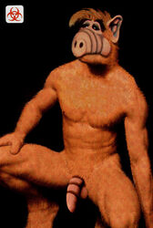 alf alien anthro anthro_only biohazard_(artist) black_background brown_fur brown_hair flaccid hand_on_leg male male_only solo solo_male what