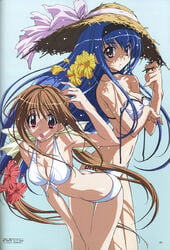 2girls bikini blue_hair brown_hair choker female female_only flower hairband hat highres kadoi_aya kakyuusei_2 kurashima_tomoyasu long_hair multiple_girls purple_eyes red_eyes saimon_tamaki straw_hat swimsuit takato_nanase takatoo_nanase