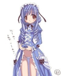 aria_(sister_princess) blue_dress blue_eyes blue_hair blush bow dress dress_lift drill_hair frills gothic headdress long_hair lowleg lowleg_panties panties sister_princess skirt skirt_lift solo tear underwear white_panties