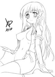 1girls aoi_kumiko blush breasts monochrome nipples no_panties open_clothes open_shirt os-tan shirt solo thighhighs xp-tan