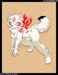 amaterasu anthro breasts clubstripes fire fur furry midori_(artist) okami pink_nipples tail tattoo white_fur