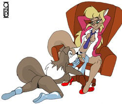 anthro callie_briggs canine cat clothes colleen cunnilingus dog feline female female_only fur furry greg_panovich interspecies mammal multiple_females nude office_lady open_clothes oral road_rovers sitting swat_kats yuri