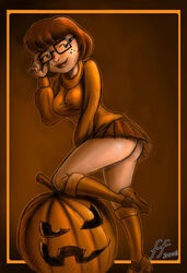 00s 14-bis 2000s 2006 ass bob_cut brown_hair freckles glasses halloween hanna-barbera human human_only jack-o'-lantern kneehighs low_res no_underwear pumpkin scooby-doo short_hair short_skirt signature smile text velma_dinkley