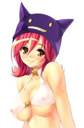 1girls akamaru blush breasts cleavage deviruchi deviruchi_hat erect_nipples female halterneck hat large_breasts nipples nipples_visible_through_clothing orange_eyes pink_hair ragnarok_online see-through solo suzuneko underboob whitesmith whitesmith_(ragnarok_online)