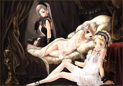 3girls bed black_legwear blonde_hair blue_eyes female female_only garter_belt gothic_lolita headdress legs lingerie lolita_fashion lying mikazukimo multiple_girls negligee original pillow ribbon see-through sitting smile thighhighs underwear white_legwear white_thighhighs