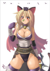 1girls 2006 animal_ears animal_on_head assassin assassin_(ragnarok_online) blonde_hair cat_ears cat_on_head cat_teaser drooping_cat feline murasaki_nyaa nyanko_batake orange_eyes ragnarok_online slit_pupils solo tail thighhighs