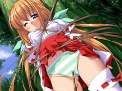 blue_eyes blush bondage brown_hair cameltoe forest game_cg green_panties green_striped_panties hakama hinohoshi_ataru japanese_clothes long_hair miko miko_x_mono murasame_ayu nature panties poking rope shimapan solo standing striped striped_panties thighhighs underwear very_long_hair white_legwear white_thighhighs wince