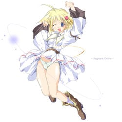 blonde_hair blue_eyes blush boots bow bow_panties dress footwear game_master game_master_(ragnarok_online) gm green_panties hair_ornament hairpin jump jumping lace-trimmed_panties panties pantyshot ragnarok_online short_hair sketch socks solo tokita underwear white_dress