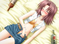 amano_shiori bed belt bra drunk fall_in_love falling_love game_cg lingerie lying miniskirt ohizumi_daisaku on_back open_clothes open_shirt open_skirt panties sake shirt skirt solo source_request underwear yellow_bra yellow_panties