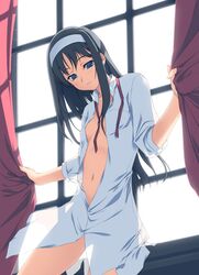 black_hair blue_eyes color long_hair midriff open_clothes open_shirt shirt solo tohno_akiha toono_akiha tsukihime type-moon window