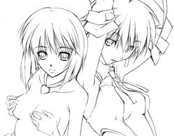 2girls breasts bust cleavage covering covering_breasts cute_&_girly_(idolmaster) female female_only hagiwara_yukiho idolmaster jewelry kikuchi_makoto monochrome nagare_hyougo necklace open_clothes open_shirt shirt topless work_in_progress