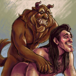 2005 all_fours anal anal_penetration anal_sex beast_(disney) beauty_and_the_beast_(1991_film) black_hair blush body_hair brown_fur cleft_chin disney disney_prince disney_villains fangs feral_on_human fiendling fur furry gaston gay human long_hair male male_only naked nude smile tagme tail teeth yaoi