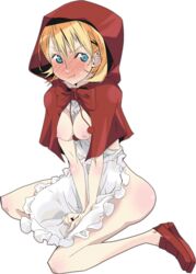 1girls apron artist_request baby_bonnie_hood blonde_hair blue_eyes blush breasts bulleta capcom darkstalkers female hood naked_apron nipples small_breasts solo transparent_background vampire_savior