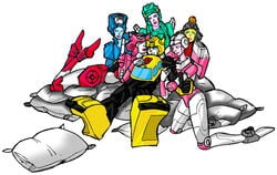 1boy 5girls arcee arcee_(g1) autobot blue_eyes bumblebee_(transformers) chromia cybertronian elita_1 elita_one female firestar harem male moonracer multicolored_body multiple_girls pillow raevir robot robot_boy robot_girl straight transformers transformers_g1 white_background