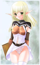 arms_behind_back blonde_hair blouse blush elbow_gloves elf female female_only gloves green_eyes highleg highleg_panties jpg lace-trimmed_panties lineage long_hair midriff navel panties pointy_ears skirt skirt_lift solo standing thigh_gap thighhighs thighs underwear white_legwear white_thighhighs wind_lift