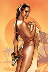 1girls adam_hughes ass bare_shoulders bareback braid breasts brown_hair color colored female female_only gun human lara_croft lara_croft_(classic) large_breasts long_hair mammal nail_polish round_ears sideboob smile smiling solo thong tomb_raider topless towel weapon