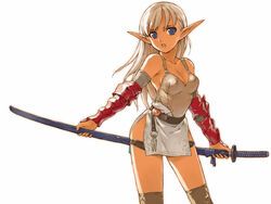 1girls armor belt blue_eyes breasts cleavage detached_sleeves elf fantasy female female_only humanoid katana long_hair morisawa_haruyuki open_mouth pointy_ears red_armor scabbard sheathed_weapon solo sword thighhighs toony unsheathing weapon white_hair zettai_ryouiki