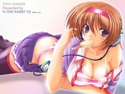 1girls 2004 ass black_legwear bra breasts brown_hair cleavage digital_media_player embarrassed female hairband headphones highres lace-trimmed_panties large_breasts lingerie lying moeto_usana mouth_hold off_shoulder on_stomach open_clothes open_shirt open_skirt panties pleated_skirt popsicle purple_bra purple_eyes purple_panties school_uniform seifuku serafuku sexually_suggestive shirt short_hair skirt solo striped striped_bra striped_panties thighhighs underwear us@myo zettai_ryouiki