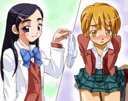 blue_panties blush bowtie brown_eyes brown_hair clothing female futari_wa_precure futari_wa_pretty_cure haruyama holding holding_panties long_hair misumi_nagisa multiple_girls panties pleated_skirt precure pretty_cure purple_eyes purple_hair school_uniform seifuku serafuku short_hair skirt striped striped_bowtie striped_panties underwear yukishiro_honoka yuri