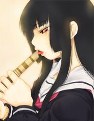 black_hair blunt_bangs enma_ai hime_cut instrument jigoku_shoujo long_hair musical_instrument recorder_(musical_instrument) red_eyes school_uniform seifuku serafuku sexually_suggestive solo woodwind_instrument