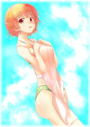 apron bikini kashimashi mizuki_makoto orange_eyes orange_hair osaragi_hazumu short_hair sky solo swimsuit