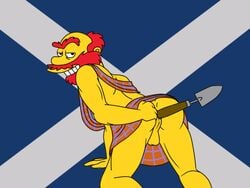 anal anal_masturbation anal_object_insertion ass backsack balls groundskeeper_willie human improvised_dildo kilt looking_at_viewer male male_only on_knees red_hair skirt_up smile smirk solo tagme the_simpsons trowel yellow_skin