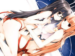 2girls ass back bell black_eyes black_hair breasts cat_planet_cuties cat_tail eris_(cat_planet_cuties) female flat_chest futaba_aoi glasses houden_eizou hug huge_ass jingle_bell jinglebell long_hair looking_back multiple_girls one-piece_swimsuit orange_hair original red_eyes red_hair sideboob sitting smile swimsuit tail very_long_hair yuri