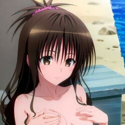 ai_generated beach blush breasts brown_eyes brown_hair covered_nipples hentai_world sea seaside to_love-ru to_love-ru_darkness topless yuuki_mikan