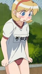 1girls accurate_art_style blonde_hair blue_eyes blush buruma clothing female gym_uniform hairband ishikawa_hideki name_tag ninin_ga_shinobuden screencap shiranui_kaede shirt_tug short_hair solo tamura_hideki