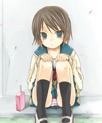 black_legwear blue_eyes blush brown_hair footwear knee_hug leg_hug lowres mary_janes miniskirt panchira_sit panties pantyshot pantyshot_(sitting) pantyshot_sitting pleated_skirt purple_panties rozen_maiden school_uniform serafuku shimapan shoes short_hair sitting skirt socks solo tomoe tomoe_kashiwaba underwear upskirt uwabaki